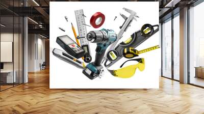 Construction tools levitate on a white background Wall mural