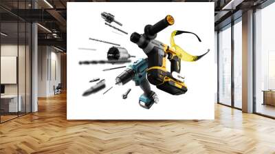 Construction tools levitate on a white background Wall mural