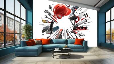 Construction tools levitate on a white background Wall mural