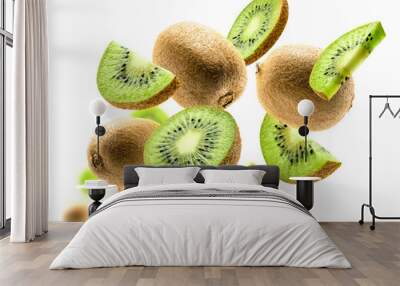 Kiwi fruit levitating on a white background Wall mural