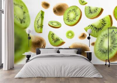 Kiwi fruit levitating on a white background Wall mural