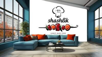 Vector logo with a drawn barbecue on a skewer Wall mural