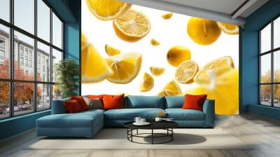 Yellow lemons levitate on a white background Wall mural