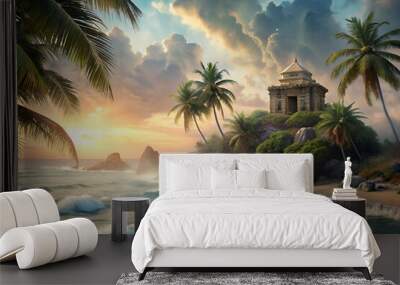 A beautiful beach with palm trees and a small building. The sky is cloudy and the sun is setting Wall mural