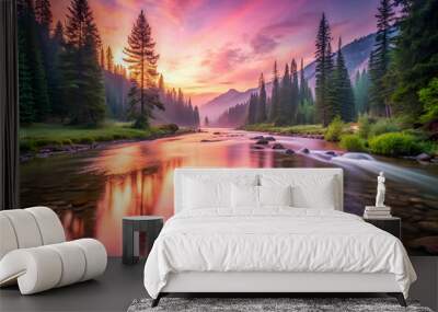 A beautiful river with a sunset in the background. The water is calm and the trees are in the foreground Wall mural