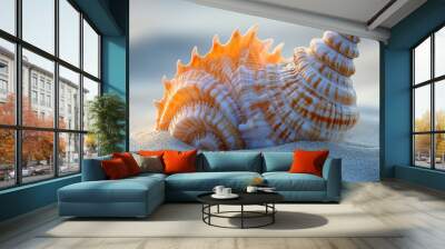 A beautifully detailed seashell resting on sandy beach, showcasing vibrant colors and intricate patterns under soft natural light. Wall mural