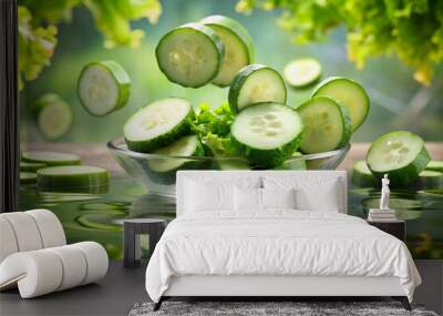 A bowl of cucumbers and lettuce is floating in water. The cucumbers are sliced and scattered throughout the bowl Wall mural