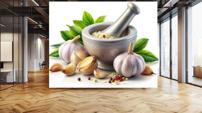 A bowl of garlic and other spices sits on a white background. The bowl is a mortar and pestle, and the spices are chopped up. The spices include garlic, pepper, and parsley Wall mural