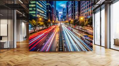 A busy city street with cars and lights. The lights are bright and the cars are moving quickly. Scene is energetic and bustling Wall mural