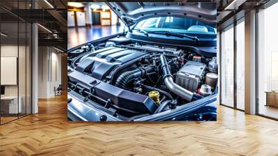 A car engine is shown with the hood open. The engine is silver and black. The hood is open to show the engine's internals Wall mural