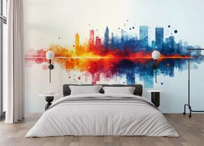 A city skyline is reflected in a body of water Wall mural