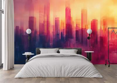 A cityscape with buildings in pink, purple, and blue. The sky is orange and the buildings are blurred Wall mural