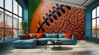 A close-up image of a textured orange basketball resting on green grass, highlighting its detailed surface and stitching. Wall mural