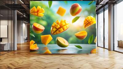 A close up of a bunch of mangoes with some of them falling to the ground. Concept of motion and energy, as if the mangoes are flying through the air. The bright colors of the fruit Wall mural