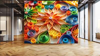 A colorful flower made out of paper. The flower is made up of many different colored strips of paper. The flower is very detailed and has a lot of different colors Wall mural