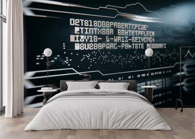 A futuristic, abstract representation of code and digital data with glowing elements and a dark background, suggesting technology and cybersecurity themes. Wall mural