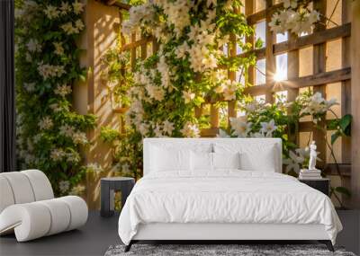 A garden with a lattice fence and white flowers. The flowers are in full bloom and the sun is shining on them Wall mural