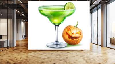 A glass of green liquid with a lime slice on top sits next to a pumpkin with a scary face Wall mural