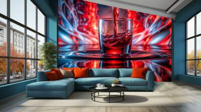 A glass of red liquid is pouring out of a glass, creating a splash. The image has a surreal and dreamlike quality, with the red liquid appearing to be flowing like a river Wall mural