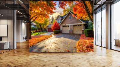 A house with a garage and a driveway covered in autumn leaves Wall mural