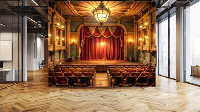 A large theater with red curtains and a stage. The stage is empty and the audience is seated in the chairs Wall mural