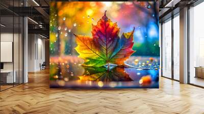 A leaf is floating on a body of water. The leaf is colorful and has a rainbow effect Wall mural