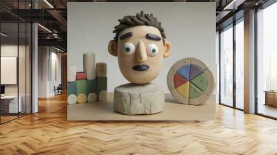 A man's head is sitting on a wooden block with a pie chart Wall mural