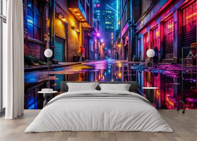 A neon city street with a reflection of the lights in the water. Scene is vibrant and energetic Wall mural