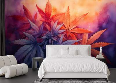 A painting of marijuana plants with purple, blue, and orange leaves. The painting has a colorful and vibrant feel to it, with the purple and blue leaves contrasting against the orange leaves Wall mural