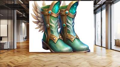 A pair of green boots with wings on them. The boots are adorned with gold and blue decorations, giving them a unique and eye-catching appearance. Scene is whimsical and playful Wall mural