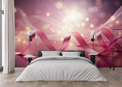 A pink ribbon is shown in a blurry background with a pink and gold color scheme Wall mural