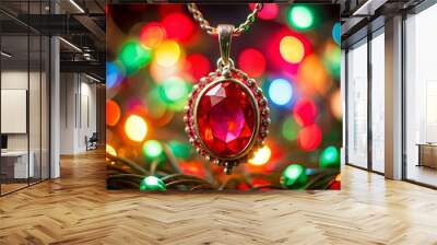 A red gemstone pendant is set in a gold chain. The pendant is surrounded by a colorful background, which creates a festive and joyful atmosphere. The combination of the red gemstone Wall mural