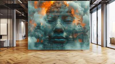 A serene face emerges from a cloud of smoke and fire, revealing an ancient civilization. Wall mural