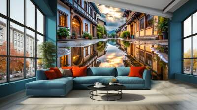 A street with a small pond in the middle. The reflection of the buildings and the sky can be seen in the water Wall mural