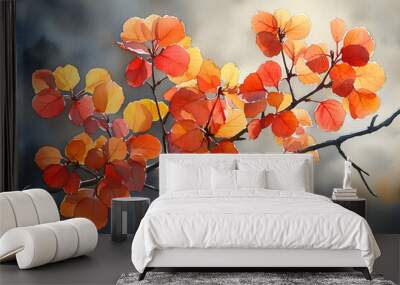 A vibrant cluster of autumn leaves in shades of orange and yellow, illuminated against a soft, blurred background. Wall mural