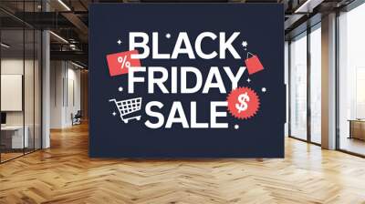 A vibrant graphic promoting a Black Friday sale, featuring shopping icons and discount symbols. Wall mural