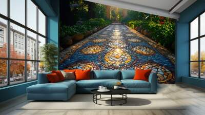 A walkway with a mosaic design and a sun shining on it. The walkway is surrounded by plants and rocks Wall mural