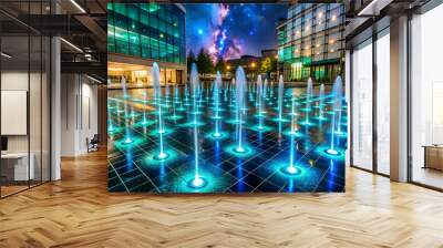 A water feature in a city center with lights and dark tiles arranged to depict a galaxy, creating a reflective illusion that doubles the visual impact, against a muted turquoise background Wall mural