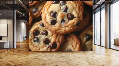 Deliciously baked chocolate chip cookies piled together, showcasing their golden edges and melty chocolate pieces. Wall mural