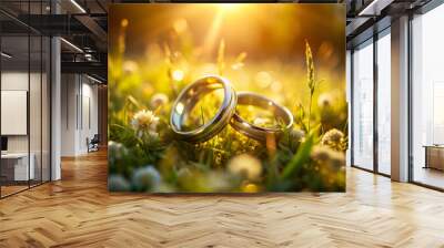 Two gold wedding rings are placed on a field of grass Wall mural