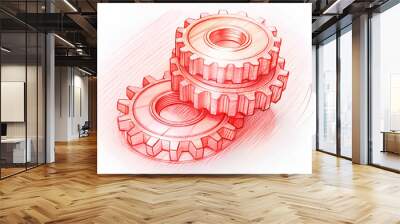 Two interlocking gears in a red outline, symbolizing mechanics, engineering, and collaboration in a dynamic environment. Wall mural