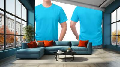 close up blue t-shirt cotton man pattern isolated on white. Wall mural