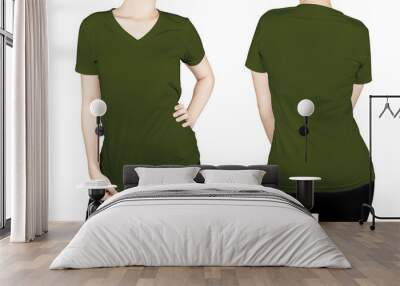 Olive green color T-shirt on woman body with front and back side Wall mural