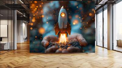 rocket is launching and soar flying out from hand to sky for growth business, Fast business success, Startup business concept Wall mural