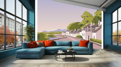 beautiful View cotswold village with hills the background and a purple sky from the sunset. vector illustration landscape background. Wall mural