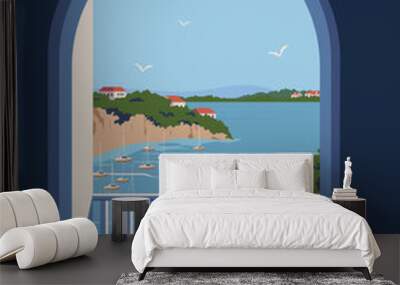 Monaco poster landscape. coast scenic view in windows. vector illustration with minimalist style. Wall mural