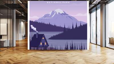 Mount Rainier National Park landscape illustration background. suitable for poster design, travel poster, postcard, art print. Wall mural