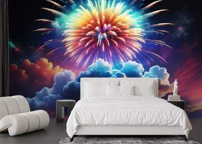 Fireworks against a sky background above the clouds Wall mural