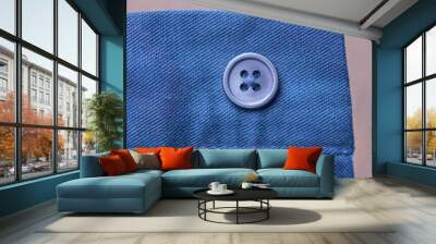 one blue plastic button on the fabric of the jacket sleeve on a brown background Wall mural