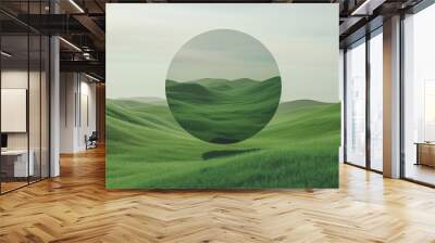 green field and grass, round mirror reflected the view. Wall mural